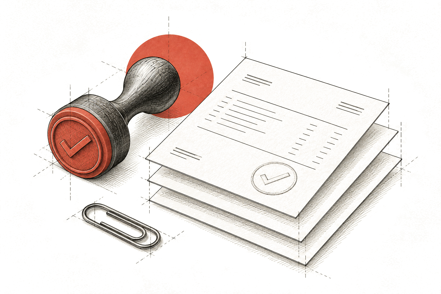 Architectural drawing of invoices, an approval stamp and paperclip